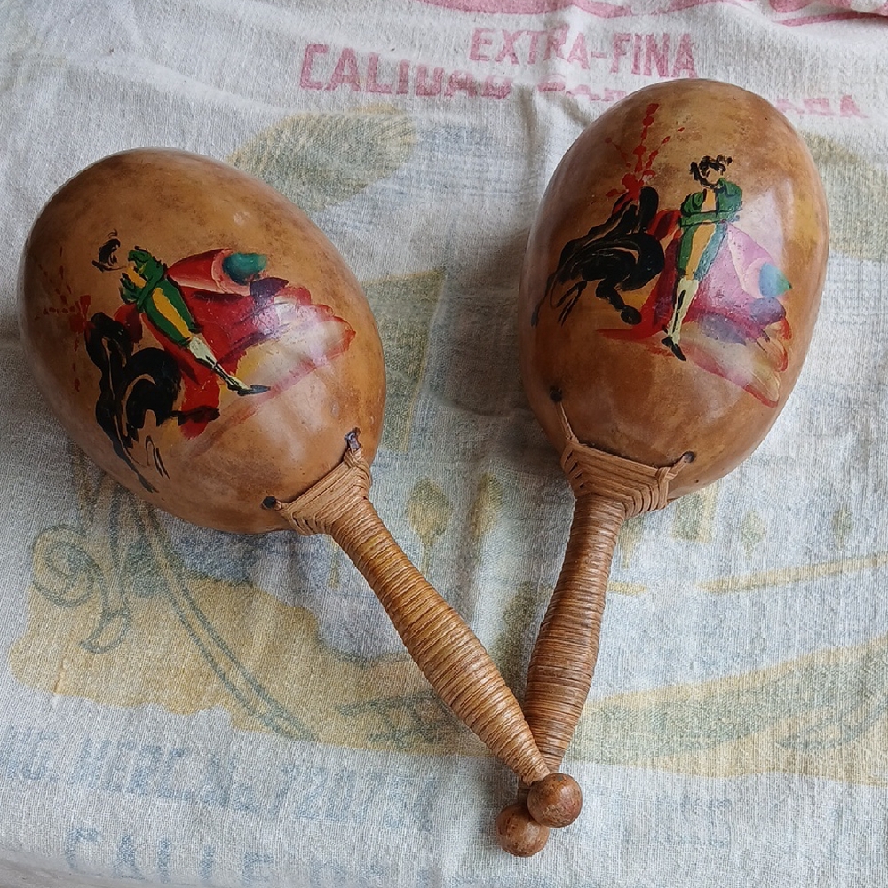 Vintage Handpainted Matador Bull Gourd Maracas Mexico 9.75"
